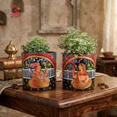 KB ART Pichwai Raja Rani Planter - Close-Up of Hand-Carved Artisan Texture - Handcrafted Wooden Decor Jodhpur