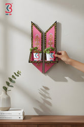 KB ART Pink Hand Painted Wall Shelves Set - Close-Up of Hand-Carved Artisan Texture - Handcrafted Wooden Decor Jodhpur