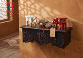 KB ART Brown Polished Floral Shelf - Front View of Handcrafted Detailing - Handcrafted Wooden Decor Jodhpur