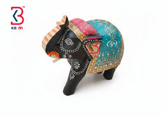 KB ART Hand Painted Black Elephant Statue - Front View of Handcrafted Detailing - Handcrafted Wooden Decor Jodhpur