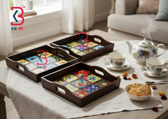 KB ART Multi-Tile Mosaic Wooden Serving Tray Extra Large Decorative Set – Handcrafted Jodhpur Entertaining Centerpiece Decor