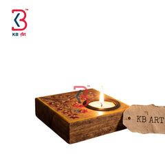 KB ART Wooden Side Square Tlight Stand - Front View of Handcrafted Detailing - Handcrafted Wooden Decor Jodhpur