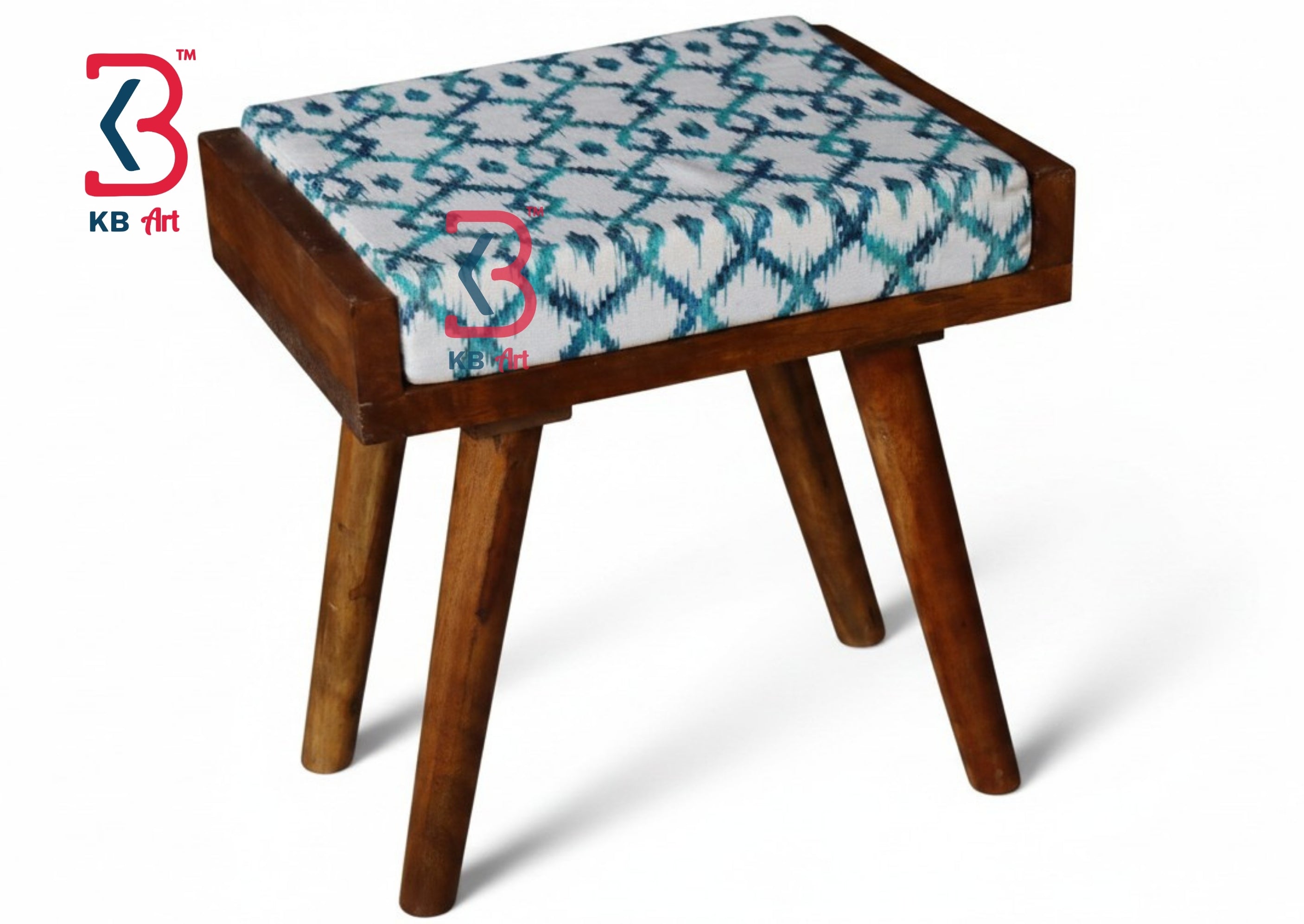 KB ART rectangular foldable wooden stool with hand-painted teal geometric design on a white background.