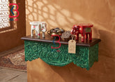 KB ART Antique Dark Green Hand Carved Wooden Wall - Close-Up of Hand-Carved Artisan Texture - Handcrafted Wooden Decor Jodhpur
