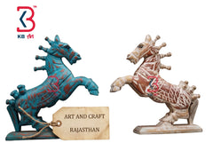 KB ART Wooden Antique Carved Jumping Horse Pair - Back View Highlighting Build Quality - Handcrafted Wooden Decor Jodhpur
