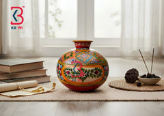 KB ART Floral Hand Painted Iron Pot - Styled Display in Home Interior Setting - Handcrafted Wooden Decor Jodhpur