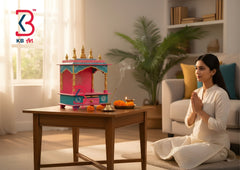 KB ART Pink Teal Wooden Pooja Mandir Temple - Styled Display in Home Interior Setting - Handcrafted Wooden Decor Jodhpur