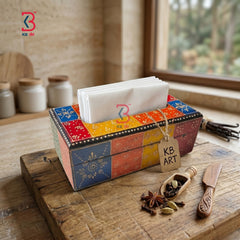 KB ART Hand Painted Wooden Tissue Box - Styled Display in Home Interior Setting - Handcrafted Wooden Decor Jodhpur