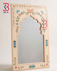 Handcrafted Pastel Peach Wooden Jharokha Mirror Frame | Traditional Rajasthani Hand-Painted Floral Vine Vanity Wall Decor Panel