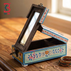 Handcrafted Vintage Wooden Jewelry Box with Pop-Up Mirror (10x5.5x4 Inches) | Rajasthani Hand-Painted Antique Vanity Trinket Organizer