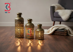 KB ART Cut Work Metal Lantern Vases - Styled Display in Home Interior Setting - Handcrafted Wooden Decor Jodhpur