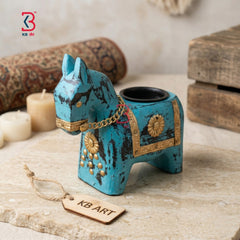 KB ART Blue Horse Tlight Holder - Close-Up of Hand-Carved Artisan Texture - Handcrafted Wooden Decor Jodhpur