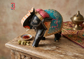KB ART Hand Painted Black Elephant Statue - Close-Up of Hand-Carved Artisan Texture - Handcrafted Wooden Decor Jodhpur