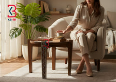 Close-up of the hand-painted floral motifs on the tabletop of a KB ART wooden stool.