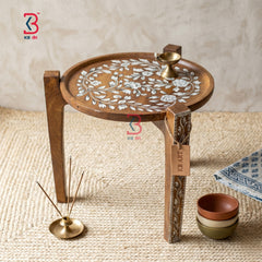 KB ART Hand-Painted Wooden Side Table – Round Decorative End Table with White Floral Art – Traditional Jodhpur Hand-Crafted Stool