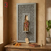 KB ART Wooden Carved Jalli Panel Krishna Stand - Front View of Handcrafted Detailing - Handcrafted Wooden Decor Jodhpur