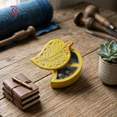 KB ART Yellow Leaf Shaped Wooden Box - Close-Up of Hand-Carved Artisan Texture - Handcrafted Wooden Decor Jodhpur