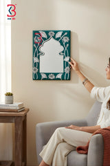 KB ART Teal Lotus Jharokha Mirror - Side Angle Showing Finish and Craftsmanship - Handcrafted Wooden Decor Jodhpur
