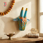 KB ART 6 Inch Hand Carved Wooden Cow Mask Floral - Front View of Handcrafted Detailing - Handcrafted Wooden Decor Jodhpur