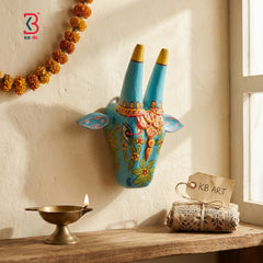 KB ART 6 Inch Hand Carved Wooden Cow Mask Floral - Front View of Handcrafted Detailing - Handcrafted Wooden Decor Jodhpur