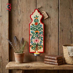 KB ART Mughal Floral Wooden Tea Light Holder Wall Hanging - Close-Up of Hand-Carved Artisan Texture - Handcrafted Wooden Decor Jodhpur