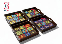 KB ART Multi-Tile Mosaic Wooden Serving Tray Extra Large Decorative Set – Handcrafted Jodhpur Entertaining Centerpiece Decor