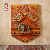 KB ART Orange Floral Wall Jharokha - Close-Up of Hand-Carved Artisan Texture - Handcrafted Wooden Decor Jodhpur
