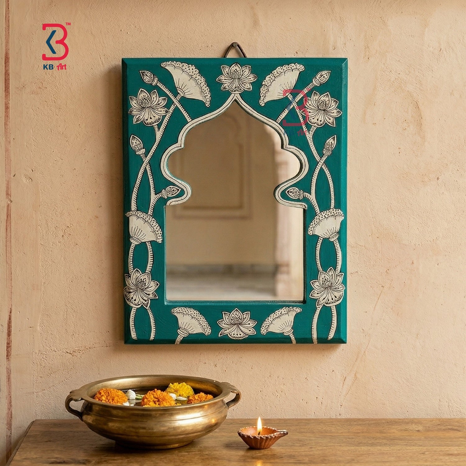 KB ART Teal Lotus Jharokha Mirror - Close-Up of Hand-Carved Artisan Texture - Handcrafted Wooden Decor Jodhpur