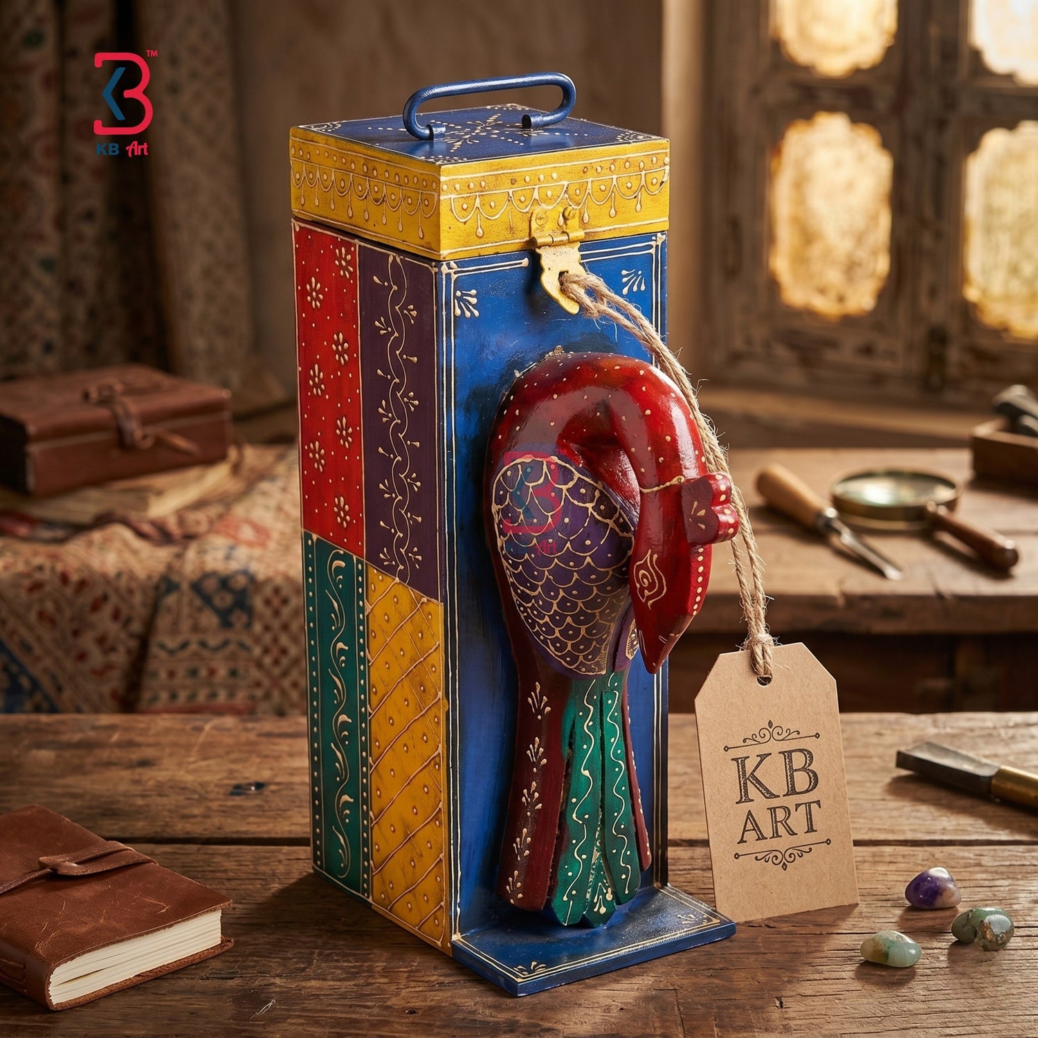 KB ART Wooden Peacock Wine Box - Close-Up of Hand-Carved Artisan Texture - Handcrafted Wooden Decor Jodhpur