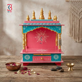 KB ART Pink Teal Wooden Pooja Mandir Temple - Close-Up of Hand-Carved Artisan Texture - Handcrafted Wooden Decor Jodhpur