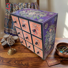 KB ART Wooden 9 Drawer Mdf Box Purple - Close-Up of Hand-Carved Artisan Texture - Handcrafted Wooden Decor Jodhpur