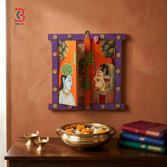 KB ART Wooden Pichwai Radha Krishna Window Mirror - Close-Up of Hand-Carved Artisan Texture - Handcrafted Wooden Decor Jodhpur