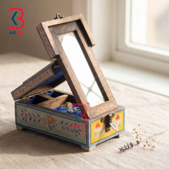 Handcrafted Vintage Wooden Jewelry Box with Pop-Up Mirror (10x5.5x4 Inches) | Rajasthani Hand-Painted Antique Vanity Trinket Organizer