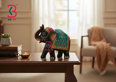 KB ART Hand Painted Black Elephant Statue - Styled Display in Home Interior Setting - Handcrafted Wooden Decor Jodhpur