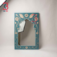 Handcrafted Teal Blue Wooden Arch Mirror with Lotus Floral Design | Indian Traditional Wall Decor