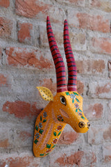 KB ART Hand Painted Wooden Deer Head With Long Hor - Side Angle Showing Finish and Craftsmanship - Handcrafted Wooden Decor Jodhpur