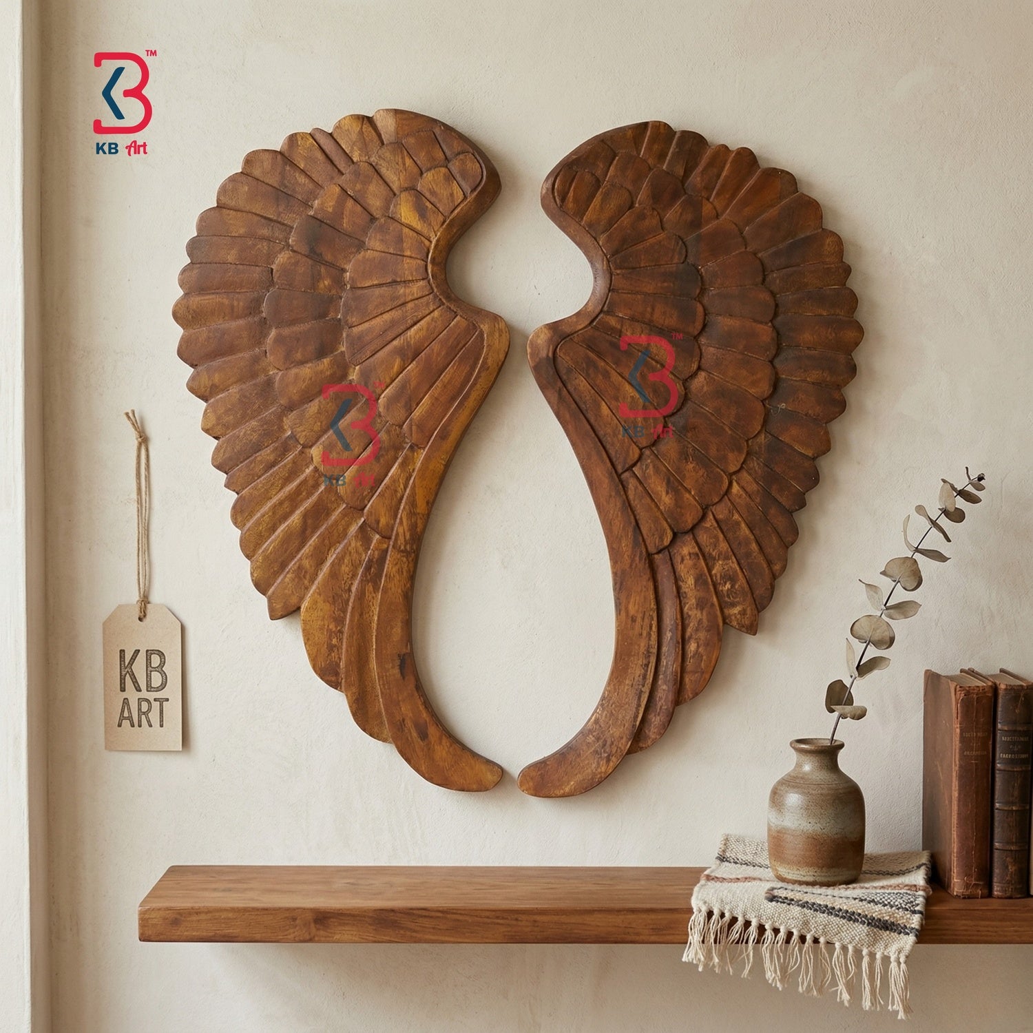 Wooden angel wings wall decor with a shelf and decorative items on a neutral background