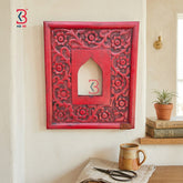 KB ART Wooden Carved Square Jharokha Panel Red - Front View of Handcrafted Detailing - Handcrafted Wooden Decor Jodhpur
