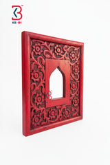 KB ART Wooden Carved Square Jharokha Panel Red - Close-Up of Hand-Carved Artisan Texture - Handcrafted Wooden Decor Jodhpur