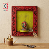 KB ART Wooden Carved Red Shelf Ganesha Statue - Front View of Handcrafted Detailing - Handcrafted Wooden Decor Jodhpur