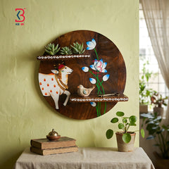 KB ART Wooden Round Wall Planter Shelf - Close-Up of Hand-Carved Artisan Texture - Handcrafted Wooden Decor Jodhpur