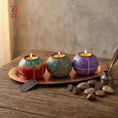 KB ART Wooden Round Oval Tlight Candle Set - Close-Up of Hand-Carved Artisan Texture - Handcrafted Wooden Decor Jodhpur