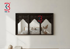 KB ART Large Antique Carved Wooden Wall Mirror - Styled Display in Home Interior Setting - Handcrafted Wooden Decor Jodhpur