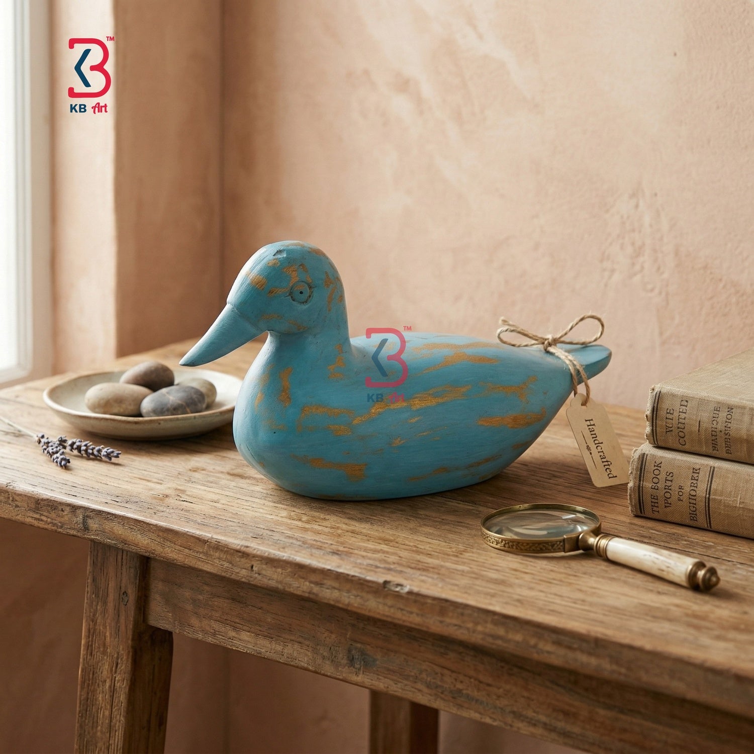 KB ART Wooden Antique Carved Duck Blue - Front View of Handcrafted Detailing - Handcrafted Wooden Decor Jodhpur