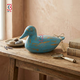 KB ART Wooden Antique Carved Duck Blue - Front View of Handcrafted Detailing - Handcrafted Wooden Decor Jodhpur