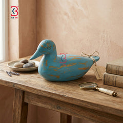 KB ART Wooden Antique Carved Duck Blue - Front View of Handcrafted Detailing - Handcrafted Wooden Decor Jodhpur