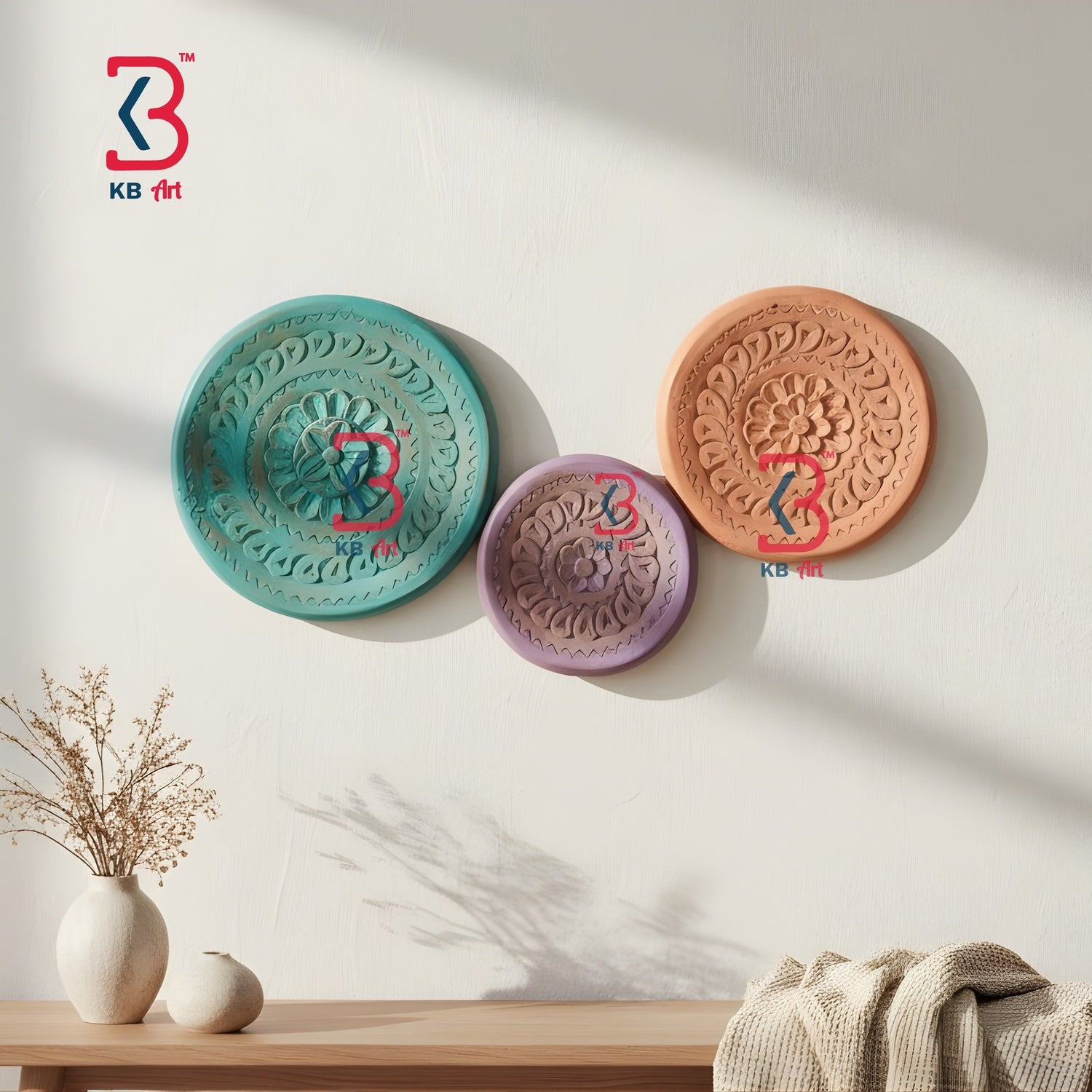 KB ART Wooden Carved Round Wall Plates Set 3 - Front View of Handcrafted Detailing - Handcrafted Wooden Decor Jodhpur