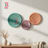 KB ART Wooden Carved Round Wall Plates Set 3 - Front View of Handcrafted Detailing - Handcrafted Wooden Decor Jodhpur