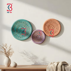 KB ART Wooden Carved Round Wall Plates Set 3 - Front View of Handcrafted Detailing - Handcrafted Wooden Decor Jodhpur