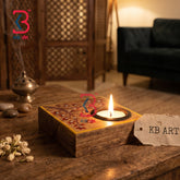 KB ART Wooden Side Square Tlight Stand - Close-Up of Hand-Carved Artisan Texture - Handcrafted Wooden Decor Jodhpur